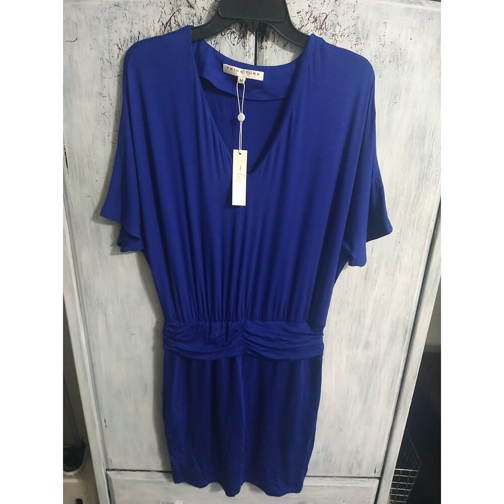 Trina Turk V-neck Wide Sleeve Dress Medium Blue Boho Beachy Comfy Classic